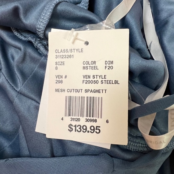 David’s Bridal Steel Blue Mesh Cut Out Spaghetti Strap Bridesmaid Dress NWT - Picture 12 of 13